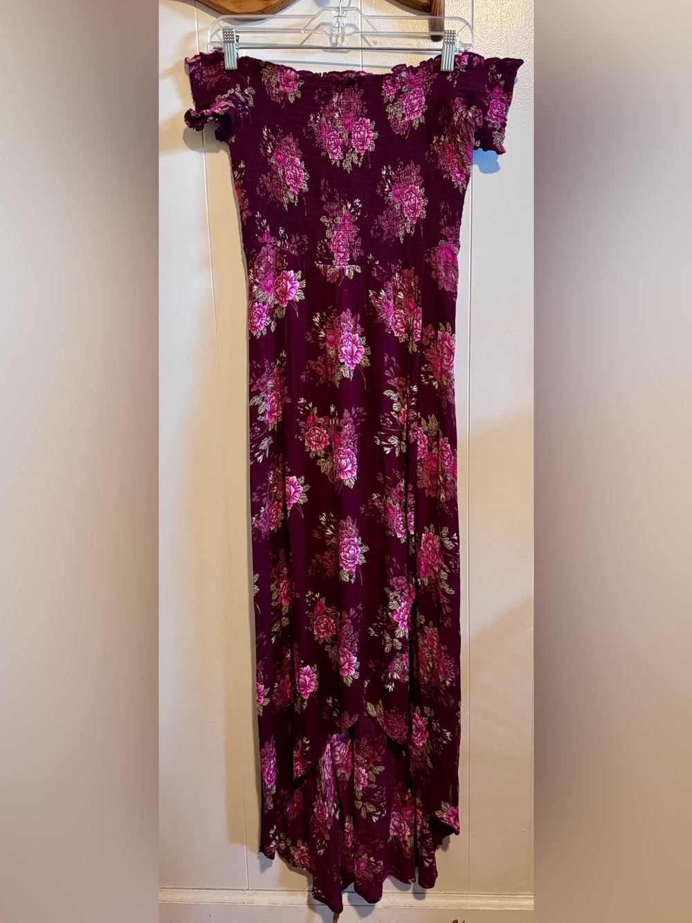 Arizona Jean Company Plum Floral Off-Shoulder High-Low Dress